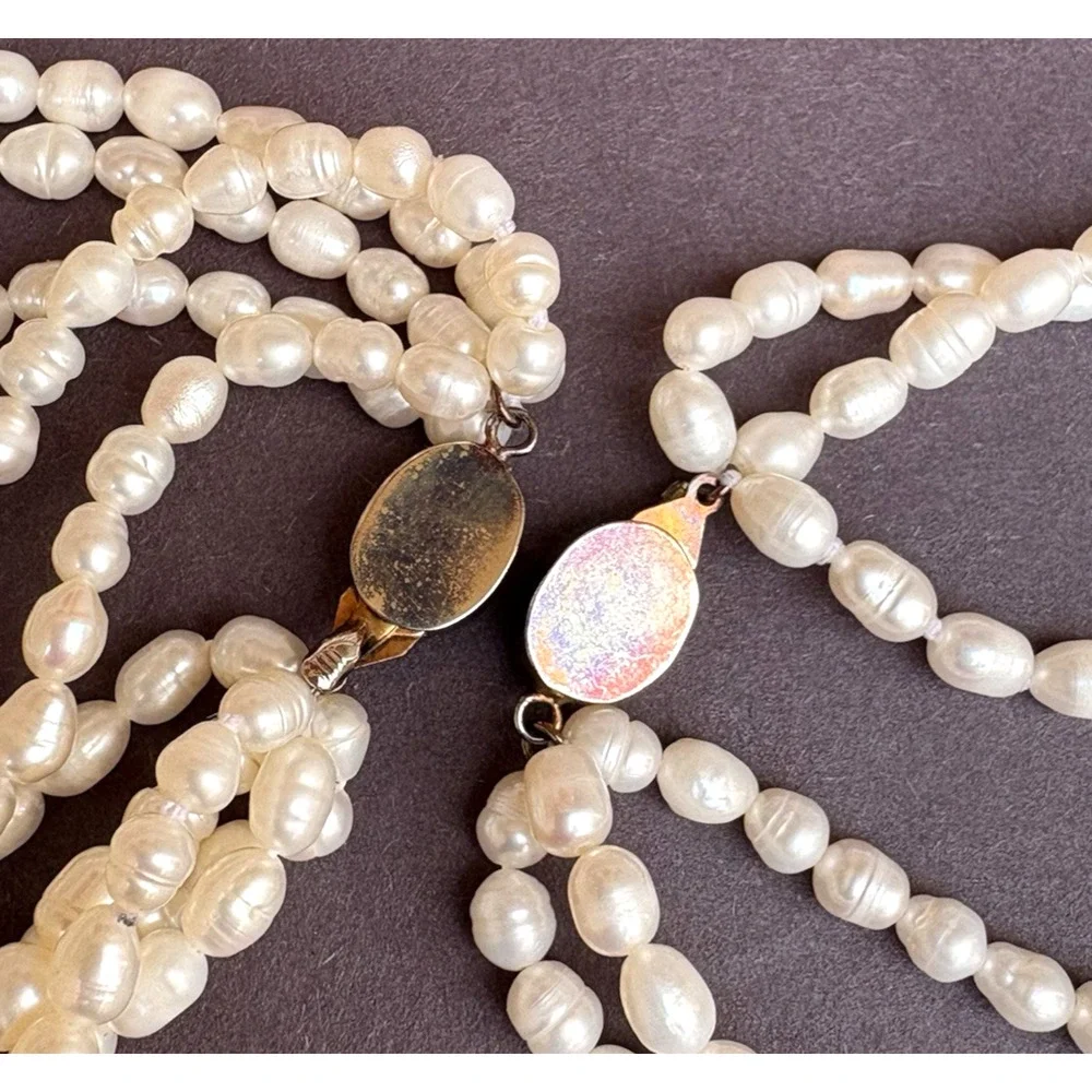 Vintage Faux White Pearl Gold Accent Jewelry Set 5 Strand Necklace‎ & Bracelet